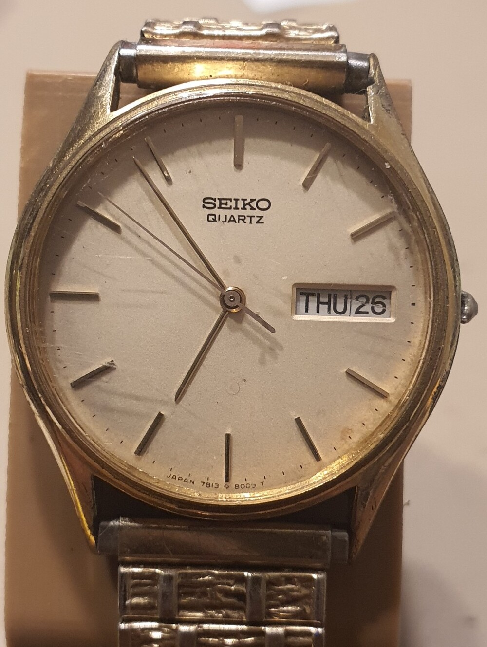 Vtg Seiko Quartz 7N43-8A89 Goldtone Stainless Steel Men's Watch w/Day-Date